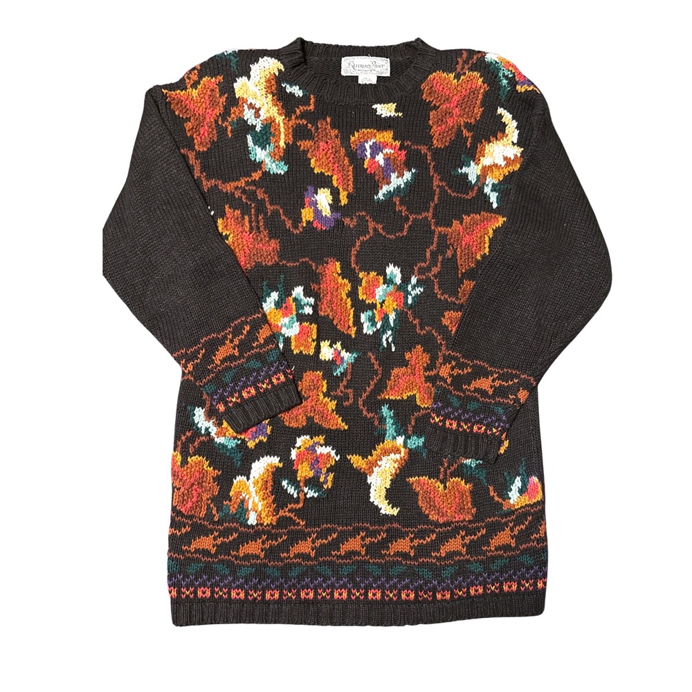 Reference Point Vtg 90s Sweater L Black‎ Floral Cotton Cottagecore Whimsigoth